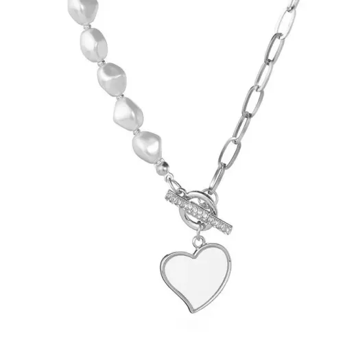 NTM3584 Pearl Linked Chain Necklace with Heart Pendant for Women Stainless Steel Jewelry