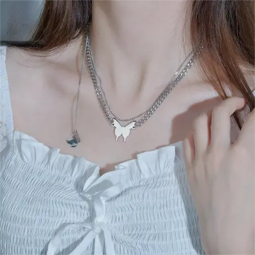 NTM3809 Stainless Steel Butterfly Necklace, Multi Layer Choker with Geometric Pendant
