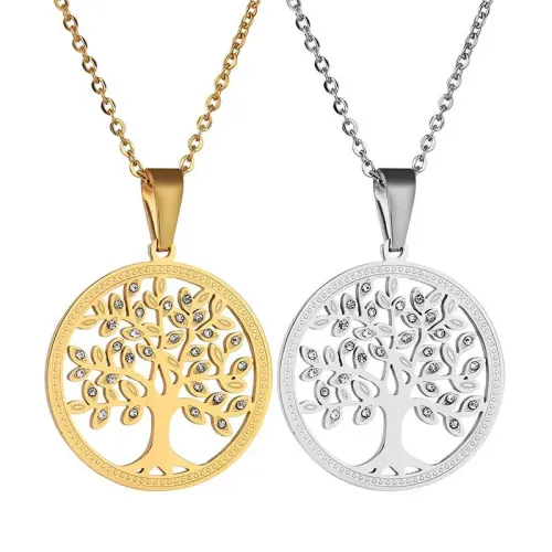 NTM3814 Stainless Steel Tree of Life Necklace with Zircon Pendant for Women Sweater Chain