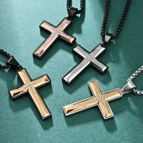 NTM1201 Diamond Facet 3D Stone Set Men's Cross Necklace Stainless Steel Pendant Sweater Chain
