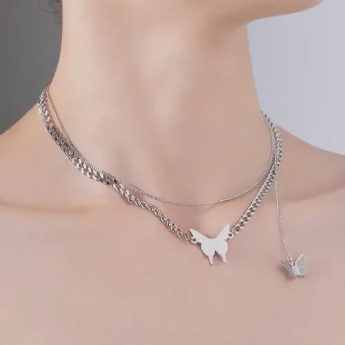 NTM3951 Double Layer Tassel Butterfly Pendant Necklace for Women Stainless Steel Clavicle Chain