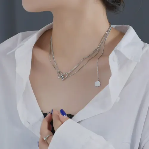 NTM3669 Layered Clavicle Chain with Interlocking Circle Pendant Dual Layer Necklace