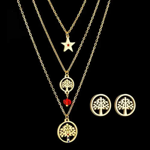 NTM3368 Tree of Life Necklace Set with Stainless Steel Pentagram Multi Layer Stud Earrings