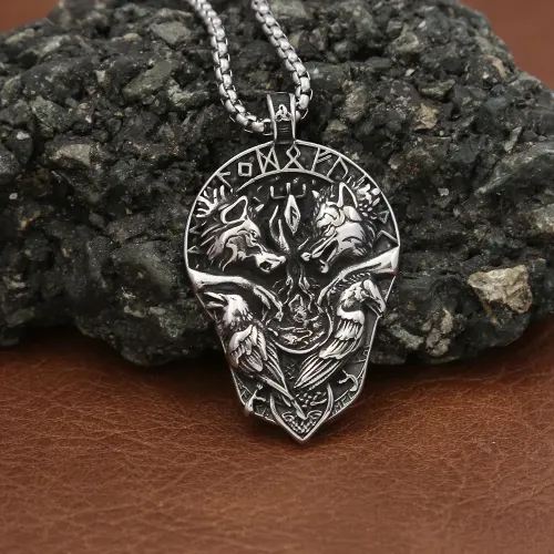 NTM966 Viking Double Wolf Pendant Necklace for Men Stainless Steel Rune Jewelry Unisex