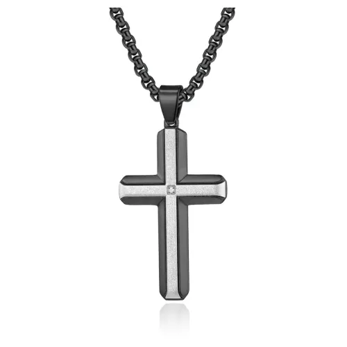 NTM1132 Men's Beveled Edge Gold Steel Sand Finish Stone Inlay Cross Necklace Pendant