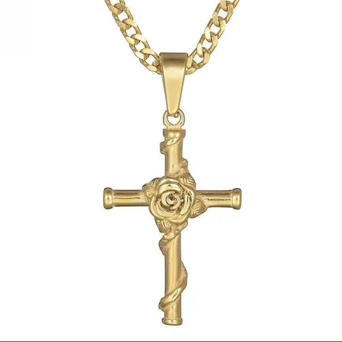 NTM3478 Punk Style Stainless Steel Rose Cross Pendant Necklace Clavicle Chain