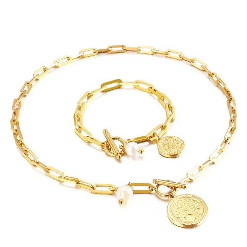 NTM2798 Elegant Stainless Steel Pearl Jewelry Set for Women Necklace and Bracelet Combo