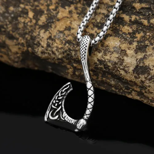 NTM988 Nordic Long Handle Axe Pendant Stainless Steel Viking Lucky Axe Necklace for Men