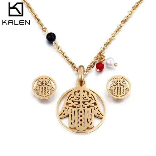 NTM2963 Stainless Steel Palm Circle Pendant Necklace and Earrings Set for Women