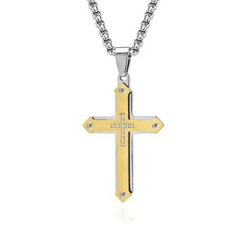 NTM1232 Arrow Double Layer Diamond Encrusted Men's Cross Pendant Stainless Steel Hip Hop Necklace
