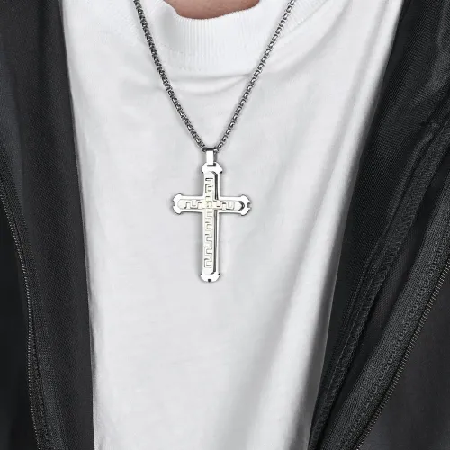NTM1160 Men's Great Wall Pattern Triple Layer Cross Pendant Stainless Steel Necklace