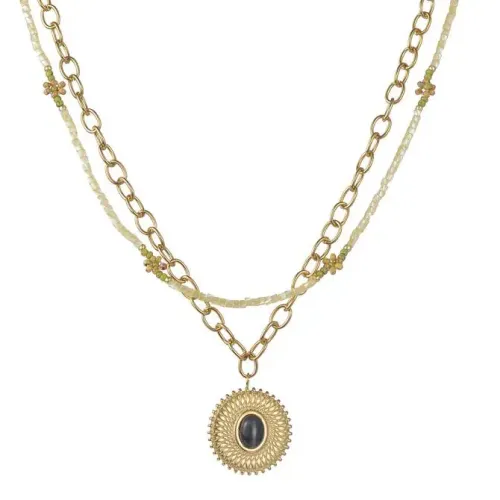 NTM3432 18K Gold Plated Stainless Steel Gemstone Pendant Double Layered Bead Necklace