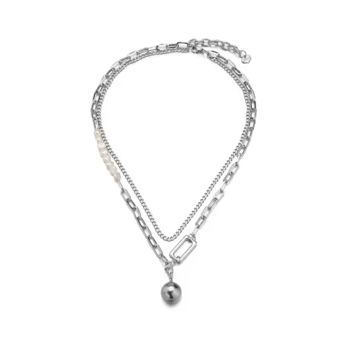 NTM3563 Hollow Out Link Chain with Pearl Ball Pendant Necklace Stainless Steel Clavicle Jewelry for Women