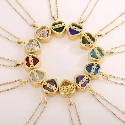 NTM2881 Stainless Steel Birthstone MOM Heart Pendant Polished Necklace for Mother's Day Gift