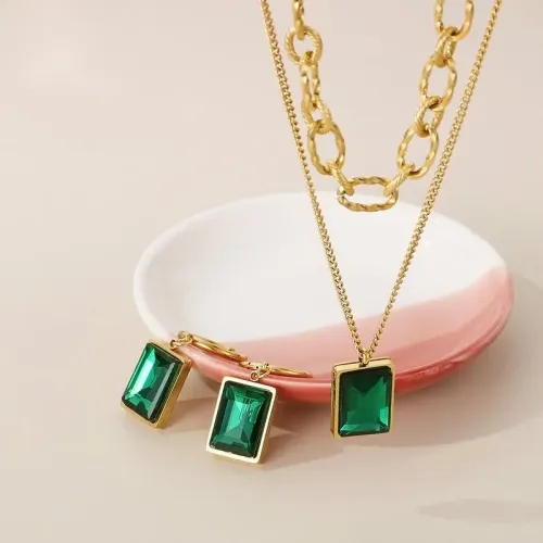 NTM3078 Emerald Glass Stainless Steel Double Layered Necklace and Earrings Set Women's Clavicle Chain