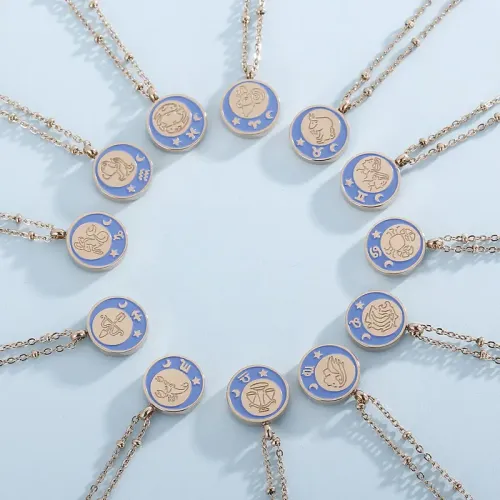 NTM2929 Coin Pendant Necklace Zodiac Stainless Steel Rose Gold Women's Chain