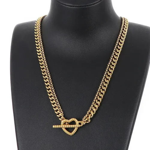 NTM3008 OT Clasp Heart Chain Necklace Bracelet Set, Stainless Steel Love Jewelry for Women