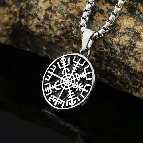 NTM943 Nordic Compass Pendant Odin Symbol Stainless Steel Men's Necklace Round Tag