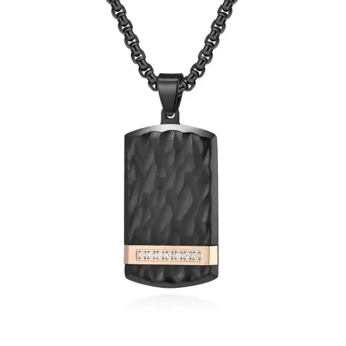 NTM1200 Natural Diamond Inlay Bark Texture Beveled Dog Tag Men's Sweater Pendant Necklace