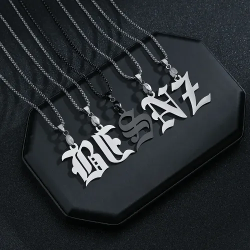 NTM1277 Gothic Surname Initials Dog Tag Necklace 26 Letter Pendants for Couples