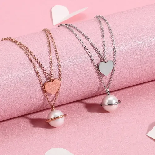 NTM2901 Women's Double Layered Star heart Faux Pearl Necklace Gold Toned Stainless Steel