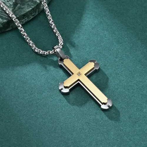 NTM1095 Wrench Inspired Stainless Steel Double Layer Cross Necklace with Diamond Pendant