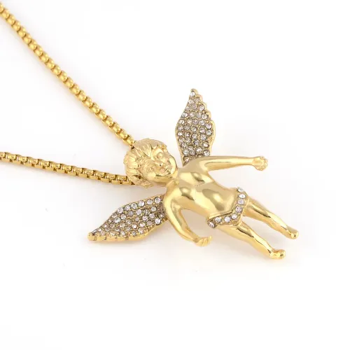NTM3227 Hip Hop Stainless Steel Rhinestone Little Angel Pendant Necklace Bling Jewelry