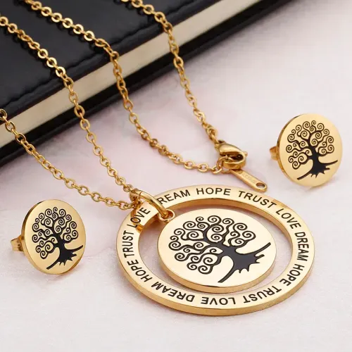 NTM3028 Stainless Steel Christmas Tree Circle Pendant Necklace Earrings Set Festive Jewelry