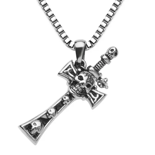 NTM2325 Cross Necklace with Skull Sword Pendant Couples' Stainless Steel Gothic Jewelry