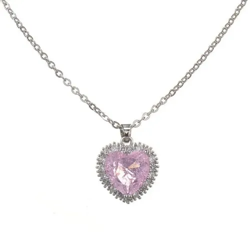 NTM3624 Pink Diamond Heart Pendant Necklace for Women Stainless Steel Jewelry