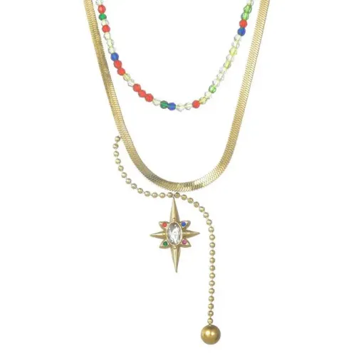NTM3437 Double Layered Handcrafted Beaded Necklace with Star Pendant for Women Clavicle Chain