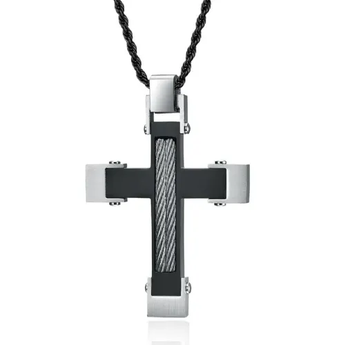 NTM1227 Steel Cable Inlaid Cross Pendant Stainless Steel Men's Necklace