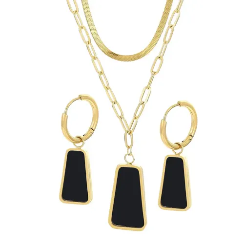 NTM3079 Stainless Steel Double Layer Snake Chain Pendant Necklace Set with Earrings