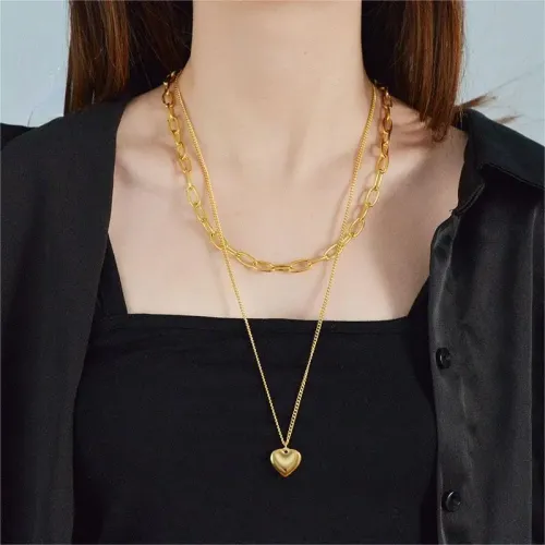 NTM3712 Double Layered Heart Pendant Necklace Hip Hop Clavicle Sweater Chain