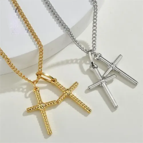 NTM3409 Multi Layered Cross Pendant Necklace Stainless Steel Hip Hop Long Chain for Women