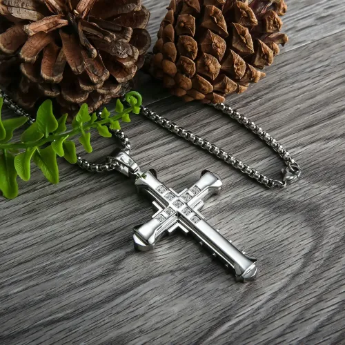 NTM2374 Men's Cross Pendant Necklace Stainless Steel CNC Zirconia Stone Inlaid Jewelry