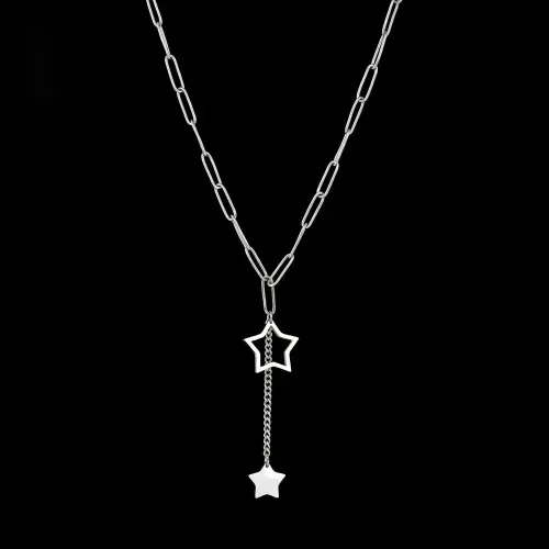 NTM3771 Stainless Steel Star Pendant Necklace with Solid Geometric Chunky Chain Tassel Collar