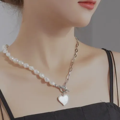 NTM3589 Irregular Pearl White Heart Necklace for Women Stainless Steel OT Clasp Jewelry