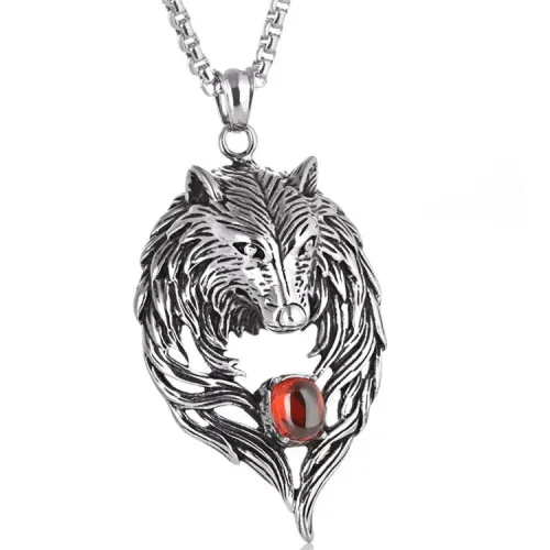 NTM2210 Diamond Studded Wolf Head Pendant Punk Necklace with Stainless Steel Totem