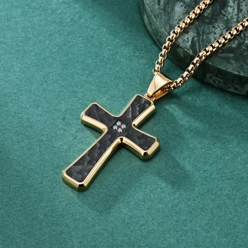 NTM1198 Hexagon Cross Necklace with Stone Inlay Bark Texture Hip Hop Stainless Steel Pendant Sweater Chain