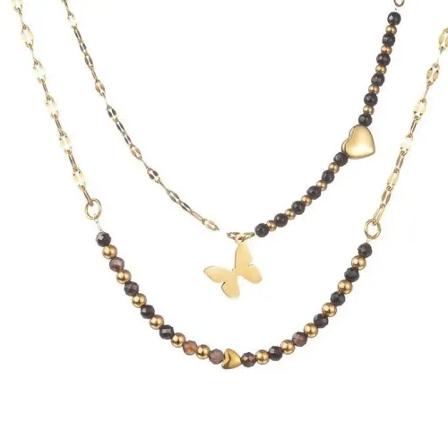 NTM3700 18K Gold Plated Stainless Steel Beaded Necklace with Butterfly Pendant for Women