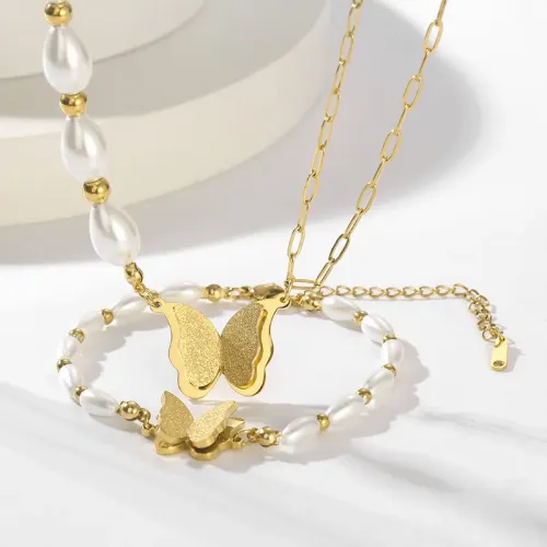 NTM2663 Faux Pearl Bracelet Stainless Steel Butterfly Necklace Set for Women