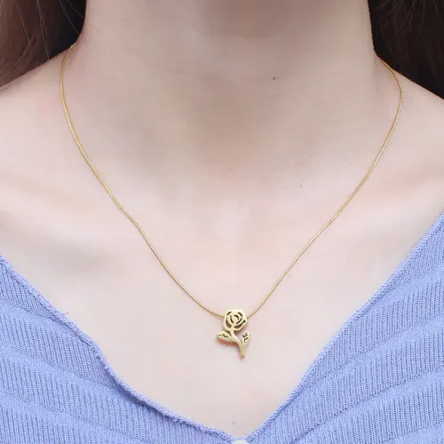 NTM2727 Rose Flower Charm Snake Chain Stainless Steel Earring Necklace Set