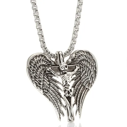 NTM2273 Angel Wings Skull Pendant Unisex Stainless Steel Cross Floral Necklace
