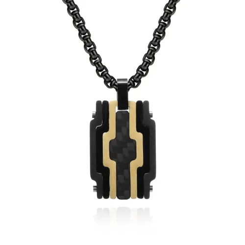 NTM1161 Men's Stainless Steel Carbon Fiber Puzzle Pendant Two Tone Chain Necklace