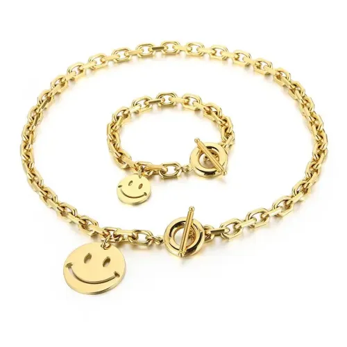 NTM2978 Smiley Face OT Clasp Necklace Bracelet Set for Women Stainless Steel Jewelry