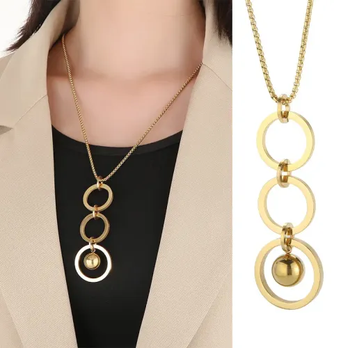 NTM2920 Trendy Stainless Steel Tassel Necklace with Triple Ring and Bead Pendant