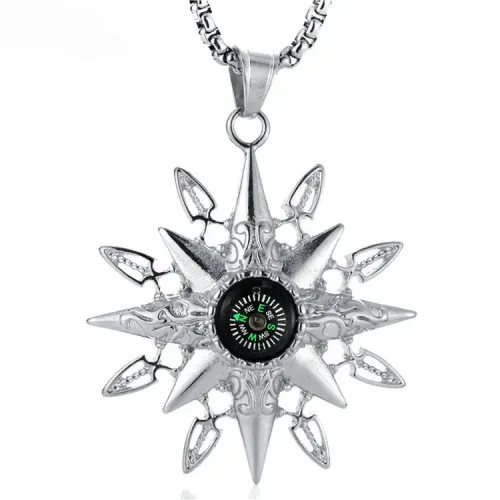 NTM2180 Compass Pendant Punk Necklace Stainless Steel Spinning Navigator Charm for Adventurers