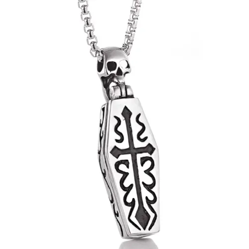 NTM2224 Coffin Skull Pendant Punk Necklace Stainless Steel Coffin Ghost Tag Jewelry
