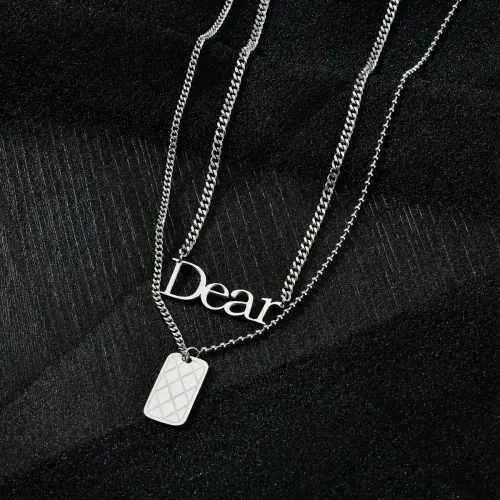 NTM3506 Dear Letter Textured Square Pendant Double Layered Necklace for Women Stainless Steel